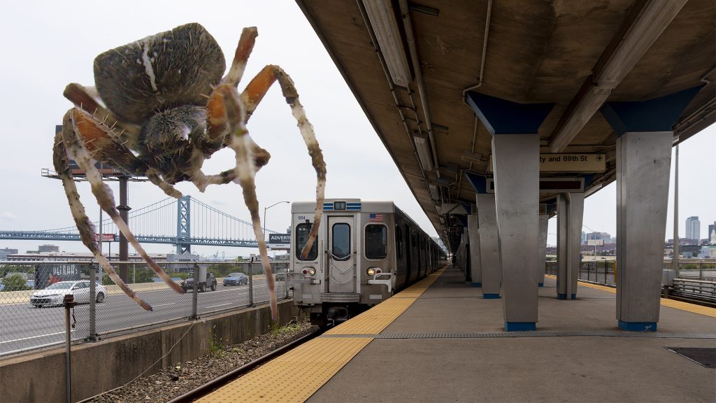 septaspringgardenstation-mfl-spider Orb weaver spider at Spring Garden Station. (Note: Dramatization. Not actual size.) (Max Marin/Billy Penn illustration)