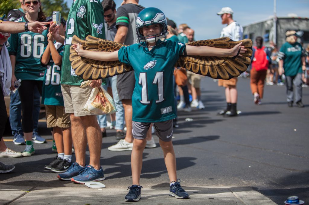 09 08 2019-e cohen – eagles season opener tailgate- lincolin financial field-23 Gavin Santora, 8, came from Tabernacle, N.J. with his family for the Eagles' season opener on Sept. 8 2019. (Emily Cohen for WHYY)