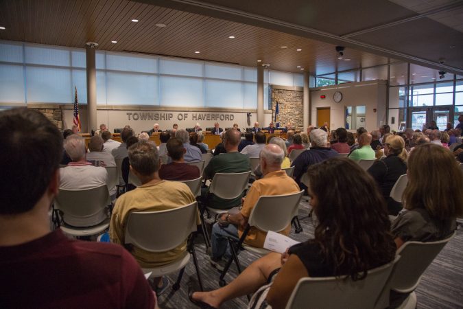 There was standing room only when the Haverford Board of Commissioners met on Monday, September 9, 2019.  (Emily Cohen for WHYY)