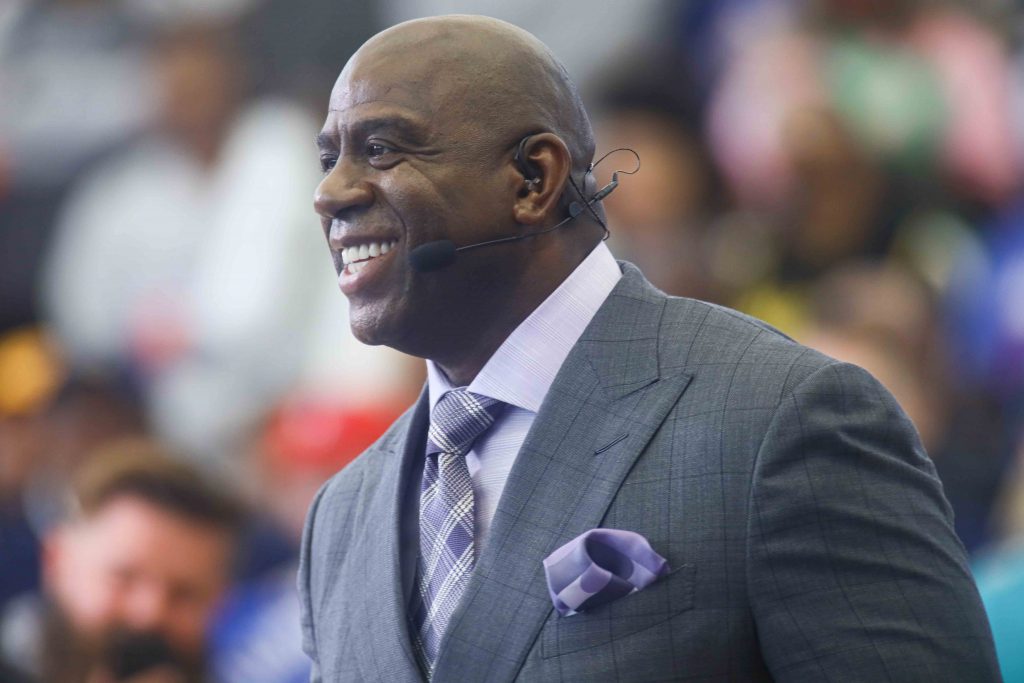 News 2019 – Sept 20 – The cast of ESPN First take with Stephen A. Smith, Max Kellerman, Molly Gerim with special guest Magic Johnson broadcasted live from the 76ers Fieldhouse Magic Johnson seen on the set of ESPN's