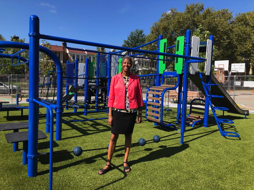 2019 08 28-n feldman-roslynn green-ben franklin elementary-new playground Roslynn Green has been principal at Ben Franklin for 15 years. Until now, the school yard has been entirely concrete. (Nina Feldman/WHYY)