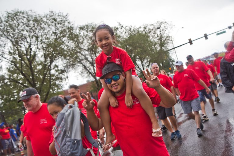 Communications Workers of America march in Philadelphia’s 2019 Labor Day Parade. (Kimberly Paynter/WHYY)