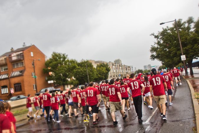The Sheet Metal Workers Local 19 march down Delaware Avenue during Philadelphia’s 2019 Labor Day Parade. (Kimberly Paynter/WHYY)