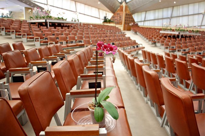 Visual artist David Hartt has installed an exhibit at Beth Sholom Synagogue in Elkins Park, designed in the 1950s by architect Frank Lloyd Wright. (Emma Lee/WHYY)