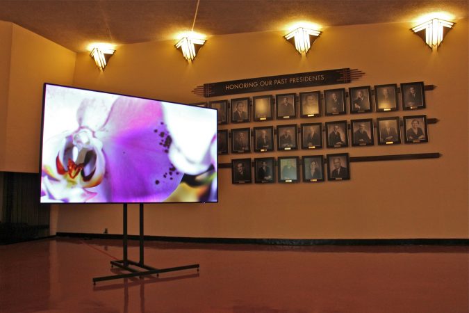 Visual artist David Hartt has installed an exhibit at Beth Sholom Synagogue in Elkins Park, designed in the 1950s by architect Frank Lloyd Wright. (Emma Lee/WHYY)