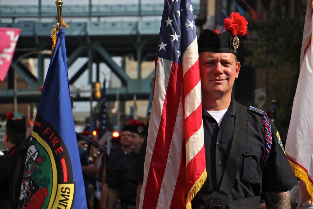 2019 09 11-e lee-philadelphia betsy ross house-911 remembrance ceremony Representatives of Philadelphia's police, fire, and prisons departments line up on 2nd Street for the annual 9/11 remembrance procession. (Emma Lee/WHYY)