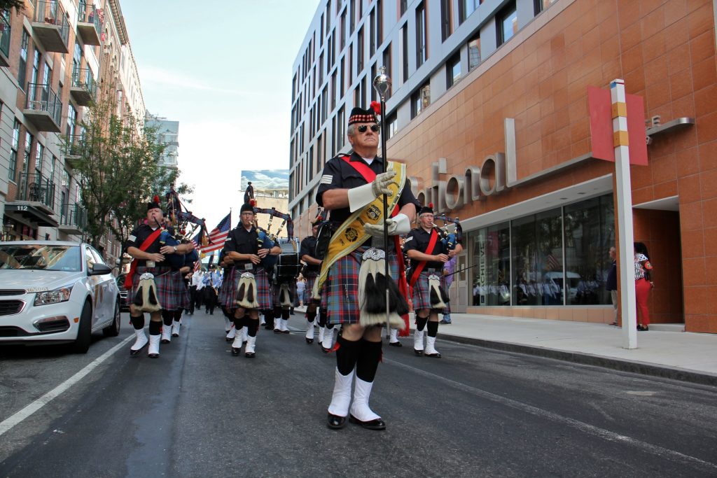 2019 09 11-e lee-philadelphia betsy ross house-911 remembrance ceremony File photo: The Philadelphia Police Pipes and Drums corps marches down Second Street from the Fireman's Hall Museum to the Betsy Ross House, where a 9/11 remembrance ceremony has been held each year since 2002. (Emma Lee/WHYY)