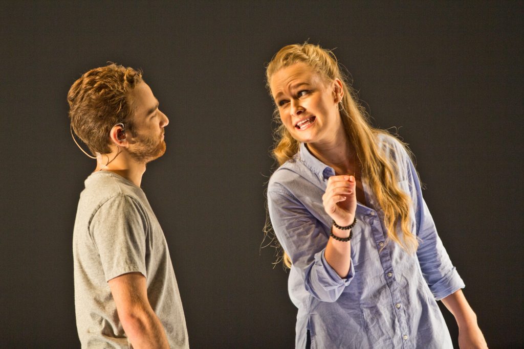 2019 09 16 kpaynter denis and katya-3 Theo Huffman and Siena Licht Miller perform in Denis and Katya, playing multiple characters examining the aftermath of two teenagers that live-streamed the events that led up to their deaths. (Kimberly Paynter/WHYY)
