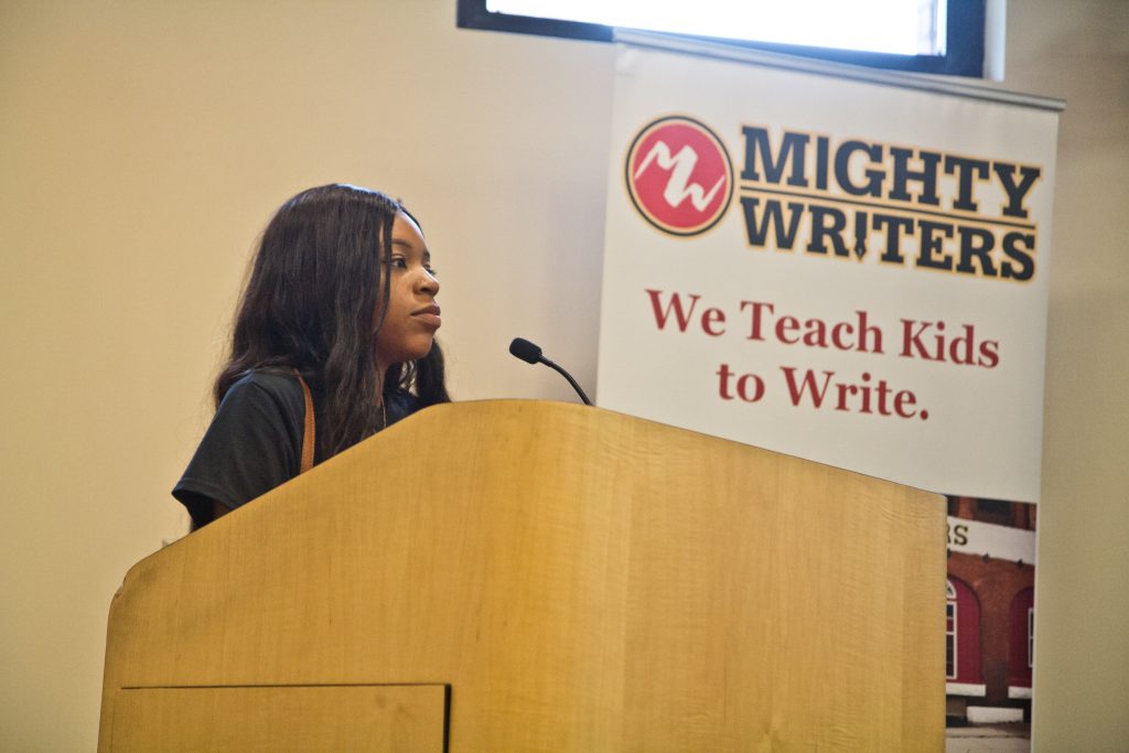 2019 09 27 kpaynter mighty writers_ Diamond McClain, 17, testifies about her experience with violence in her community. She hopes to open a resource center for women and girls to come and receive help with difficult issues in West Philadelphia. (Kimberly Paynter/WHYY)