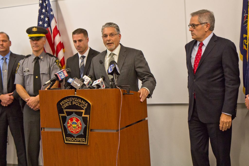 2019 09 3 kpaynter cold case-2 Prosecutor Anthony Voci announces the arrest of Theodore Dill Donahue, a pizza delivery man in Germantown, who is accused of murdering a 27 year-old woman who had been his girlfriend. (Kimberly Paynter/WHYY)