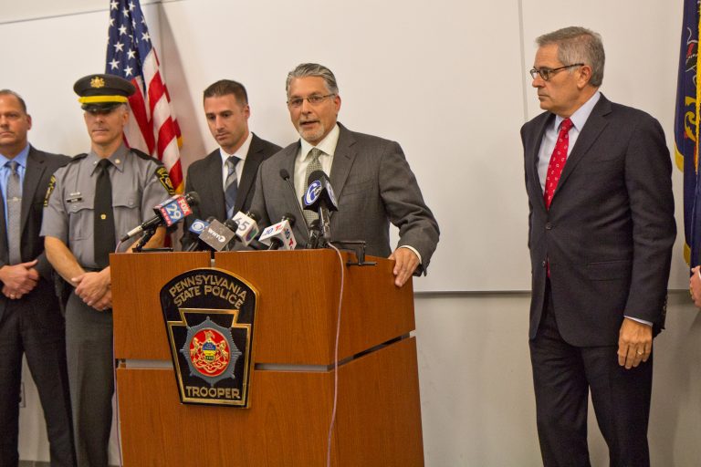 Prosecutor Anthony Voci announces the arrest of Theodore Dill Donahue, a pizza delivery man in Germantown, who is accused of murdering a 27 year-old woman who had been his girlfriend. (Kimberly Paynter/WHYY)