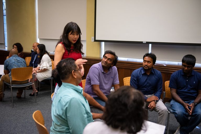 Stephanie Sun, who serves on the Governor's Advisory Commission on Asian Pacific American Affairs, speaks with a breakout group during an Asian American/Pacific Islander town hall on the 2020 census on Saturday, Sept. 7, 2019. (Kriston Jae Bethel for WHYY)