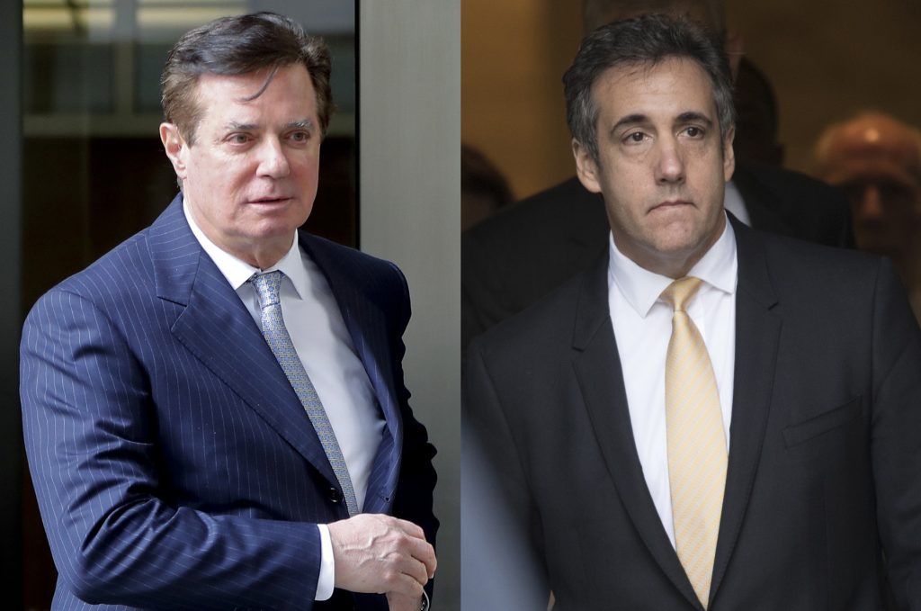 Trump Political Fallout In these 2018 file photos, Paul Manafort leaves federal court in Washington, left and attorney Michael Cohen leaves federal court in New York. (AP Photo/File)