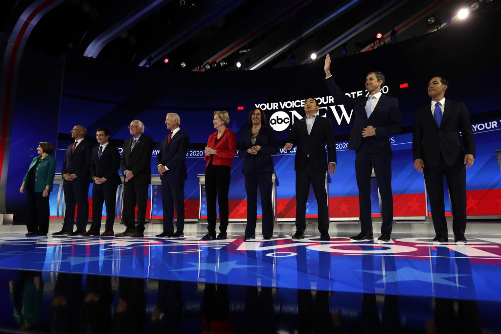 Amy Klobuchar, Cory Booker, Pete Buttigieg, Bernie Sanders, Joe Biden, Elizabeth Warren, Kamala Harris, Andrew Yang, Beto O’Rourke, Julian Castro From left, Democratic presidential candidates Sen. Amy Klobuchar, D-Minn., Sen. Cory Booker, D-N.J., South Bend Mayor Pete Buttigieg, Sen. Bernie Sanders, I-Vt., former Vice President Joe Biden, Sen. Elizabeth Warren, D-Mass., Sen. Kamala Harris, D-Calif., entrepreneur Andrew Yang, former Texas Rep. Beto O'Rourke and former Housing Secretary Julian Castro are introduced for the Democratic presidential primary debate hosted by ABC on the campus of Texas Southern University Thursday, Sept. 12, 2019, in Houston. (AP Photo/Eric Gay)