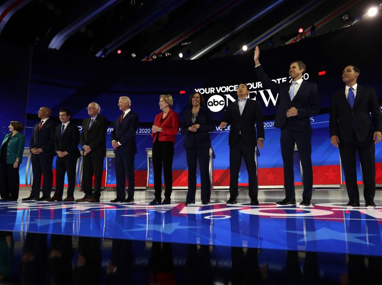 From left, Democratic presidential candidates Sen. Amy Klobuchar, D-Minn., Sen. Cory Booker, D-N.J., South Bend Mayor Pete Buttigieg, Sen. Bernie Sanders, I-Vt., former Vice President Joe Biden, Sen. Elizabeth Warren, D-Mass., Sen. Kamala Harris, D-Calif., entrepreneur Andrew Yang, former Texas Rep. Beto O'Rourke and former Housing Secretary Julian Castro are introduced for the Democratic presidential primary debate hosted by ABC on the campus of Texas Southern University Thursday, Sept. 12, 2019, in Houston. (AP Photo/Eric Gay)