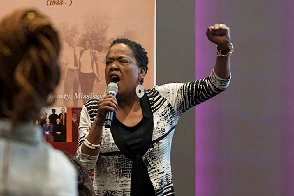 MeToo Lawyers Jaribu Hill speaks at the Mississippi Civil Rights Museum in Jackson, Miss., during a reception honoring the life of civil rights activist Unita Blackwell. (Meredith Williams via AP)