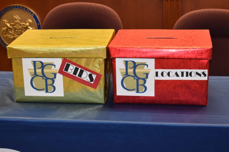 The Pennsylvania Gaming Control Board received no bids for the right to a sixth mini-casino license. Bid and location boxes are seen before the start of the board's meeting on Sept. 4, 2019, in Harrisburg. (Ed Mahon/PA Post)