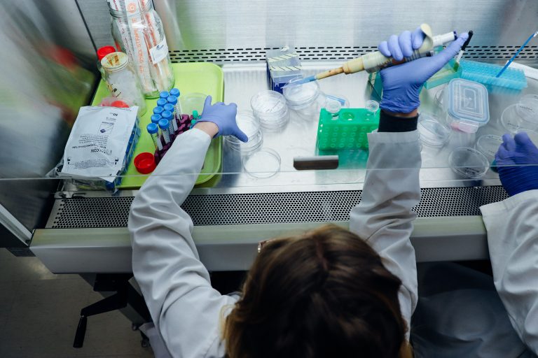 Scientist Shannon Falconer transfers materials to a petri dish using a pipette in a lab. She co-founded a company that's growing meat for pet food in a lab. (Photo provided by Because Animals)