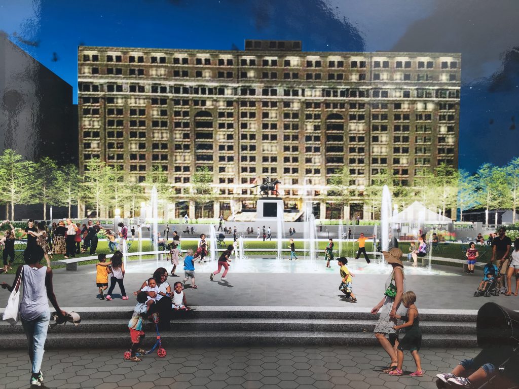 IMG_5247 A rendering shows a lighted fountain feature that will be part of the upgrades installed at Wilmington’s Rodney Square. (Mark Eichmann/WHYY)