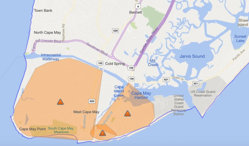 Screen Shot 2019-09-05 at 6.31.21 PM An image of an Atlantic City Electric outage map showing Cape May City and Cape May Point Borough.