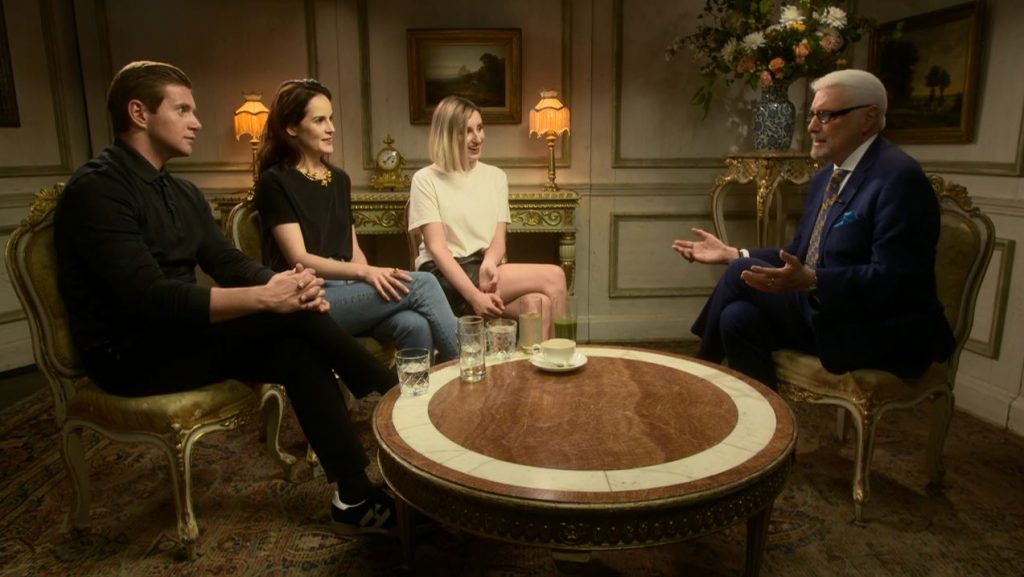 WHYY's Patrick Stoner speaking with cast members from 'Downton Abbey' L-R: Allen Leech, Michelle Dockery, and Laura Carmichael (WHYY)