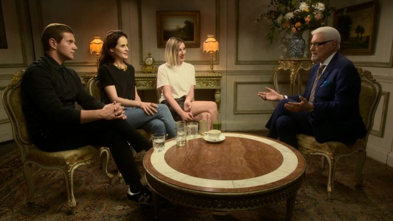WHYY's Patrick Stoner speaking with cast members from 'Downton Abbey' L-R: Allen Leech, Michelle Dockery, and Laura Carmichael (WHYY)