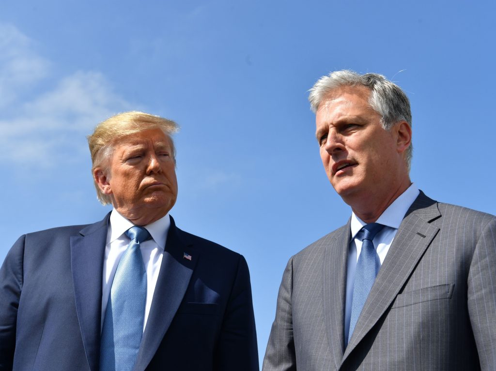 President Trump with his new national security adviser, Robert O'Brien, on Wednesday in Los Angeles. (Nicholas Kamm/AFP/Getty Images)