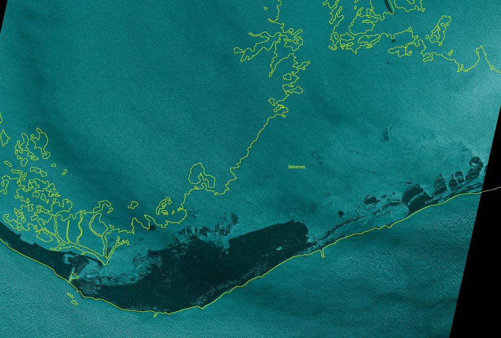 An satellite image from the company ICEYE shows flooding on Grand Bahama on Monday. The satellite uses radar to look through the clouds. Images show Grand Bahama Island before and during Hurricane Dorian. The “before” image was taken April 19. The “during” image was taken Monday and uses radar to penetrate the cloud cover. Areas that are not flooded appear nearly black.
Source: Copernicus Sentinel data 2019 (accessed via Planet Labs Inc), ICEYE