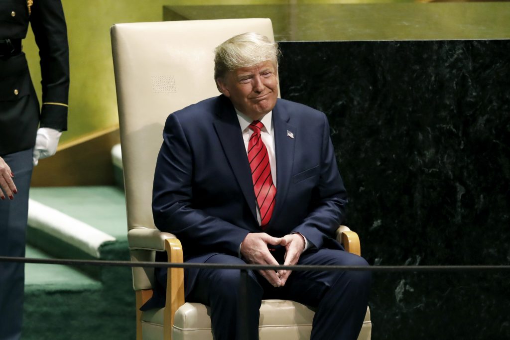 Donald Trump U.S. President Donald Trump reacts to audience applause after his address to the 74th session of the United Nations General Assembly, Tuesday, Sept. 24, 2019. (AP Photo/Richard Drew)