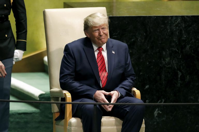 U.S. President Donald Trump reacts to audience applause after his address to the 74th session of the United Nations General Assembly, Tuesday, Sept. 24, 2019. (AP Photo/Richard Drew)