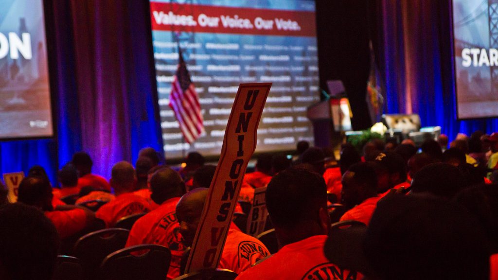 Union members attended the Worker’s Presidential Summit at the Pennsylvania Convention Center in Philadelphia. (Kimberly Paynter/WHYY)
