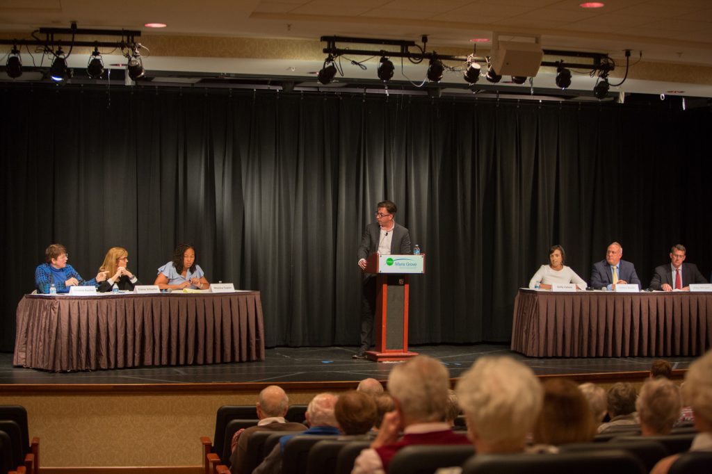 10 23 2019-e cohen – delco debate-full stage- maris grove-1 Six candidates for Delaware County Council debate at Maris Grove retirement community in Glen Mills which has more than 1,000 residents, nearly all of them registered to vote. The new candidates are running for three open seats on the council. (Emily Cohen for WHYY)