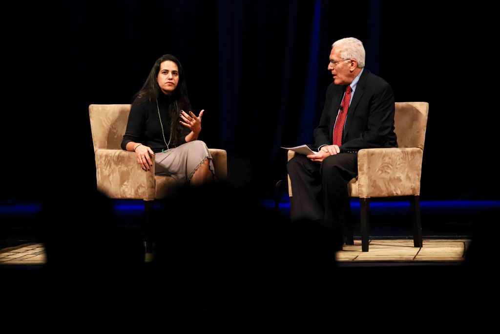 NEWS 2019 – OCT 22 – Saudi journalist Safa Al-Ahmad joined Professor Emeritus Ralph Begleiter to discuss topics related to journalism in the Middle East Safa Al Ahmad speaks with UD's Ralph Begleiter on Wednesday night. (Saquan Stimpson for WHYY)