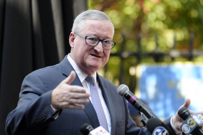 Mayor Jim Kenney speaks at the unveiling of a historical marker for the Mother Bethel AME Burying Grounds. (Bastiaan Slabbers for WHYY)