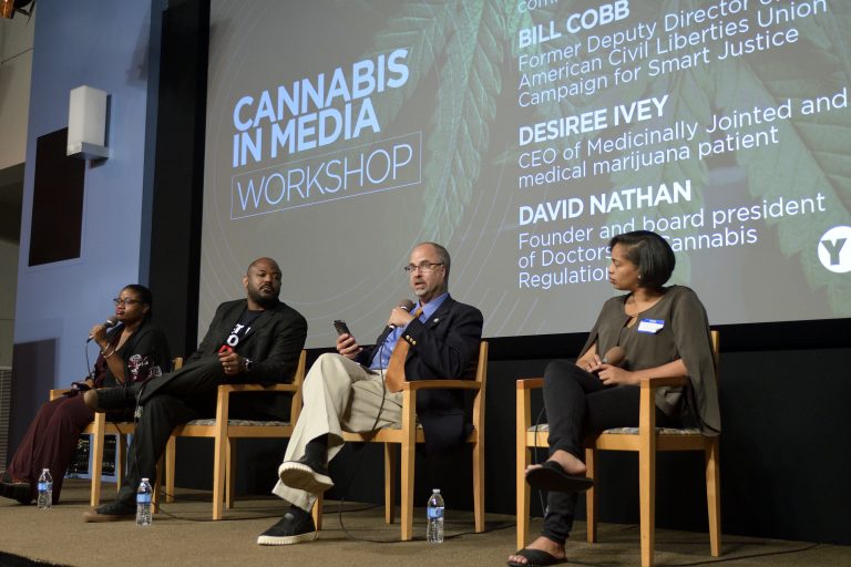 Imani Dawson moderates a panel with William Cobb, David Nathan and Desiree Ivey, at a cannabis in the media workshop at WHYY. (Bastiaan Slabbers for WHYY)