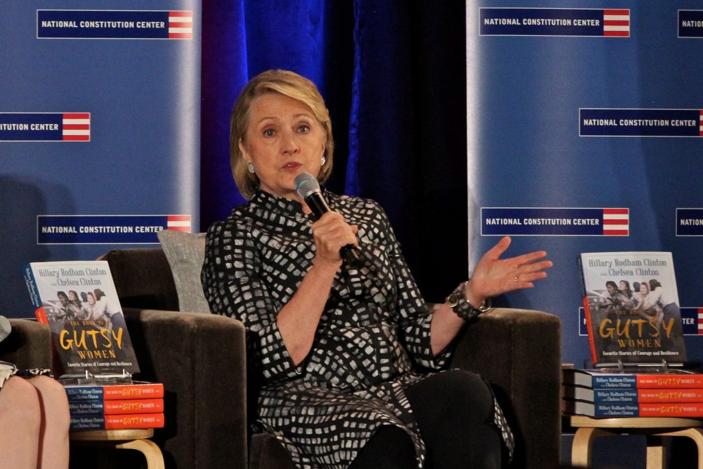 2019 10 07-e lee-chelsea clinton hillary clinton-philadelphia constitution center-book talk gutsy women Hillary Clinton takes a moment to talk about impeachment during a talk promoting the book she wrote with daughter Chelsea Clinton. The two appeared at the National Constitution Center before a sold out crowd of 650. (Emma Lee/WHYY)