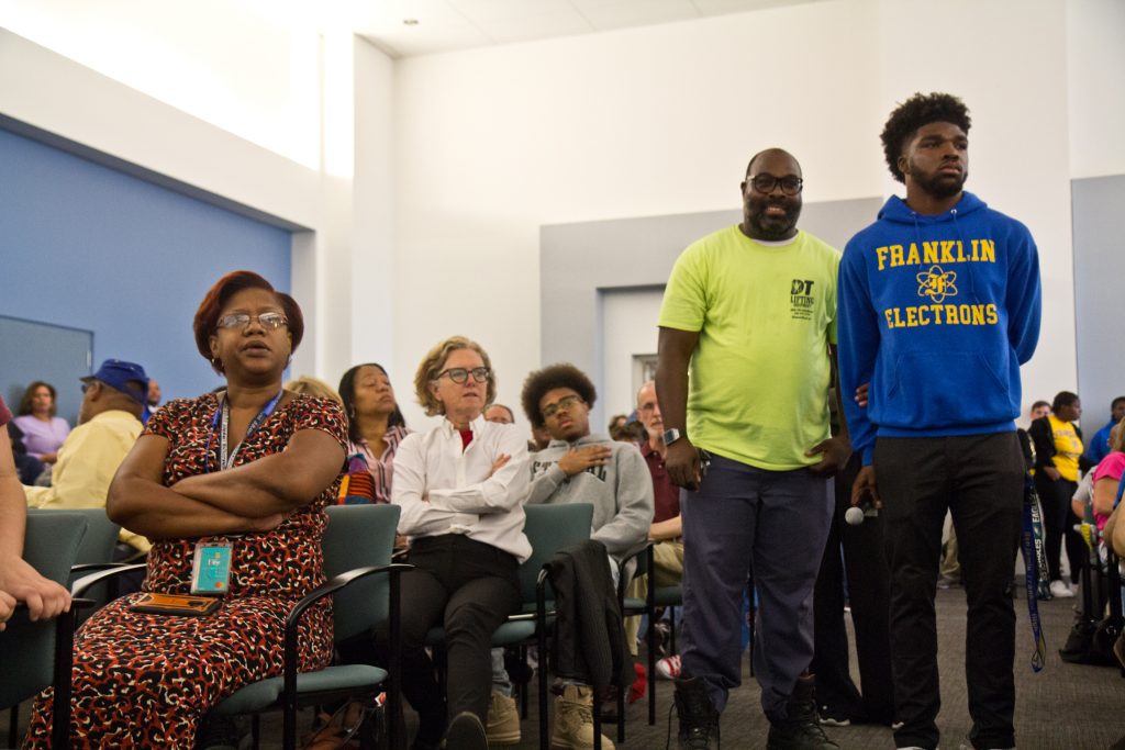 2019 10 08 k paynter parents-5 At the School District headquarters on Monday morning, parents and students at a packed meeting discuss the closures of Ben Franklin and Science Leadership Academy high schools because of asbestos remediation. (Kimberly Paynter/WHYY)