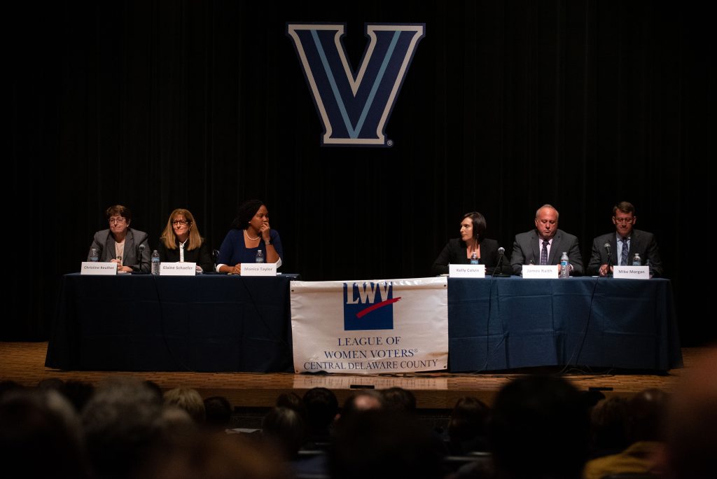 20191010_WHYY_Delco-Debate_D750_107-rs Democrat and Republican candidates for Delaware County Council spar during a debate at Villanova University on Thursday, October 10, 2019. (Kriston Jae Bethel for WHYY)