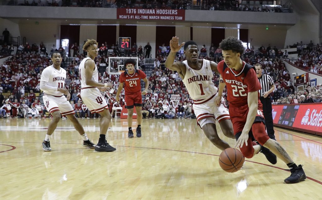 Rutgers Indiana Basketball Rutgers guard Caleb McConnell (22) goes to the basket against Indiana guard Aljami Durham (1) during the first half of an NCAA college basketball game, Sunday, March 10, 2019, in Bloomington, Ind. (Darron Cummings/AP Photo)