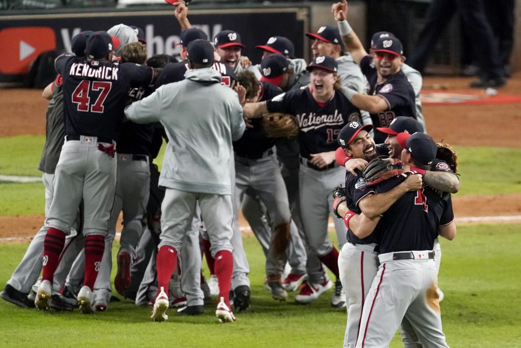 APTOPIX World Series Nationals Astros Baseball Washington Nationals celebrate after Game 7 of the baseball World Series against the Houston Astros Wednesday, Oct. 30, 2019, in Houston. The Nationals won 6-2 to win the series. (Eric Gay/AP Photo)