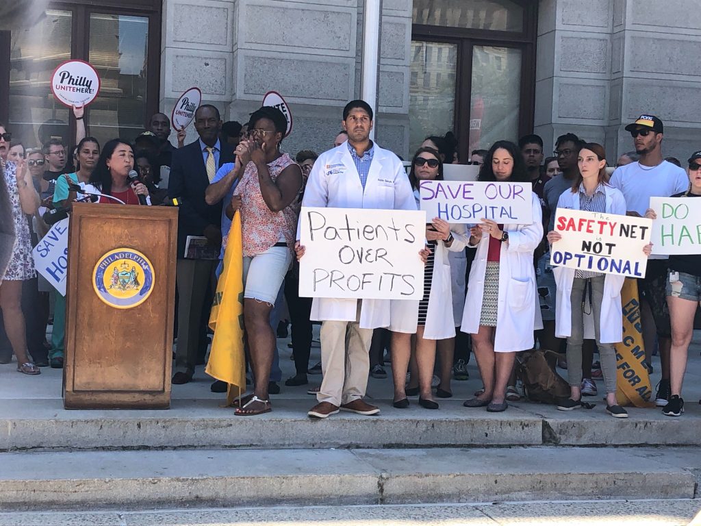 IMG_0207 Helen Gym speaks at a protest of the Hahnemann closure on June 27, 2019. (Nina Feldman/WHYY)