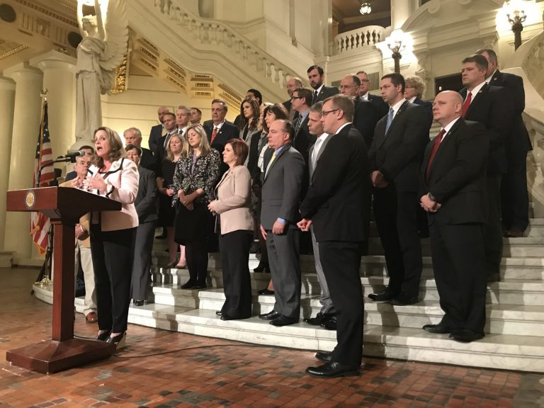 House lawmakers celebrate passing a slate of bills that they say will give victims equal rights, including Marsy's Law. (Katie Meyer/WITF)