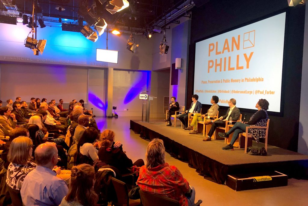 IMG_1048 PlanPhilly's Managing Editor, Ariella Cohen, introducing the panel. To her immediate left sits Paul Farber followed by Karyn Olivier, Ori Feibush and Faye Anderson. (Emily Gann/WHYY)