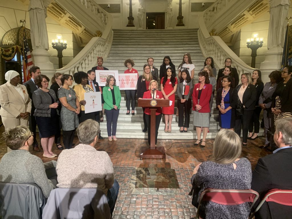 IMG_1170 Lawmakers and advocates gathered in the Capitol Tuesday to promote their effort to make free menstrual products publicly available. (Katie Meyer/WITF)