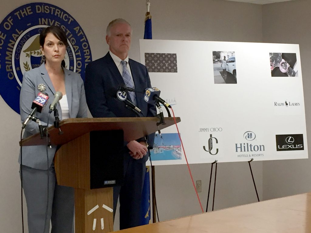 IMG_1386-2 Delaware County District Attorney Kat Copeland and Criminal Investigation Division Chief Joseph Ryan announce charges against Gloria Byars and Keith and Carolyn Collins for defrauding seniors out of more than $1 million. (Dana Bate/WHYY)