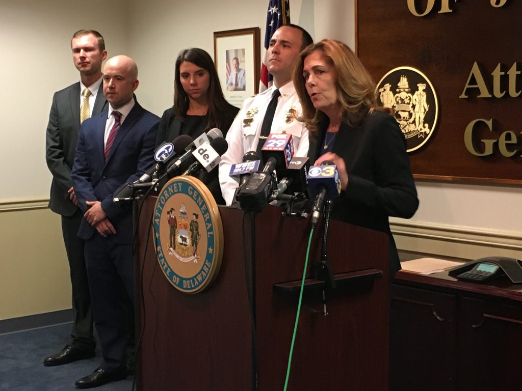 IMG_5557 Delaware Attorney General Kathy Jennings stands with Newark Police Lt. Andrew Rubin at a Wilmington press conference detailing how investigators used DNA evidence and a private database to identify a suspect charged in a 1993 sexual assault in Newark. (Mark Eichmann/WHYY)