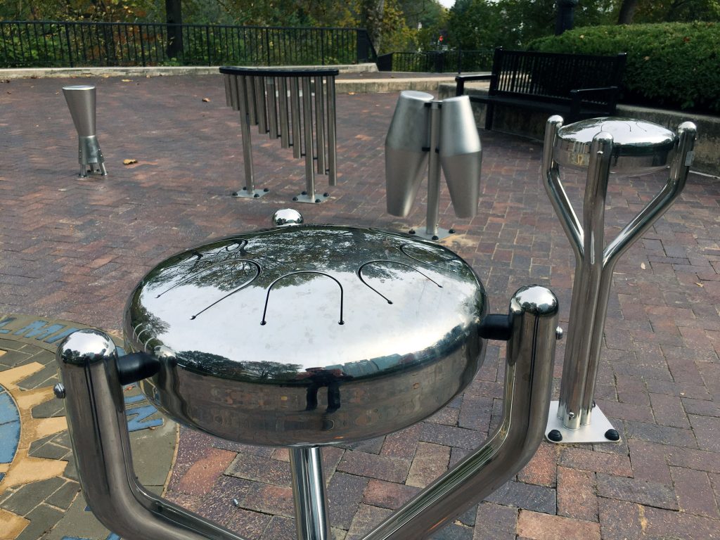 IMG_5646 Drums and other instruments installed by the Rotary Club of Wilmington at H. Fletcher Brown Park on the northern edge of downtown Wilmington will allow visitors of all ages to discover their inner musician. (Mark Eichmann/WHYY)