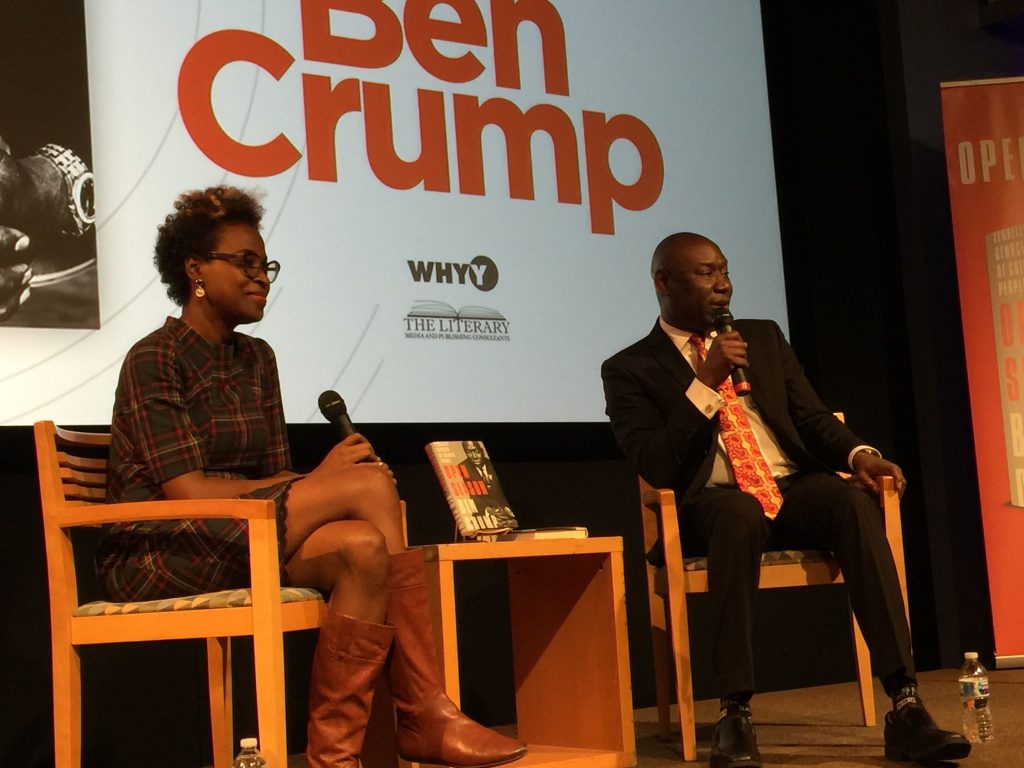 IMG_7615 Civil rights attorney Ben Crump speaking with AP reporter Errin Haines about his new book 'Open Season: Legalized Genocide of Colored People' at WHYY studios on October 21, 2019.(Eugene Sonn/WHYY)