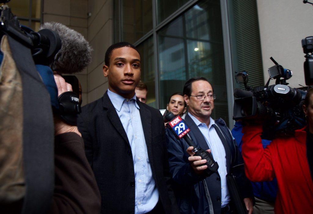 IMG_8378 Michael White leaves court after a jury found him not guilty of voluntary manslaughter in the stabbing of real estate developer Sean Schellenger. (Kimberly Paynter/WHYY)