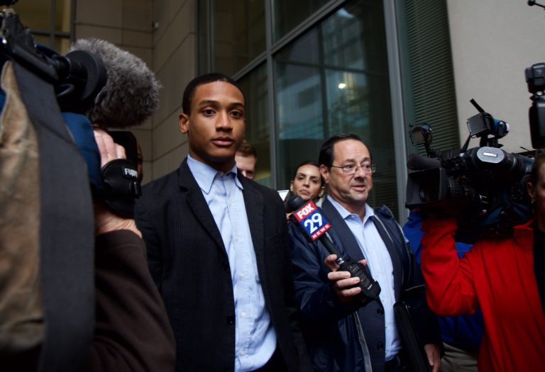 Michael White leaves court after a jury found him not guilty of voluntary manslaughter in the stabbing of real estate developer Sean Schellenger. (Kimberly Paynter/WHYY) 